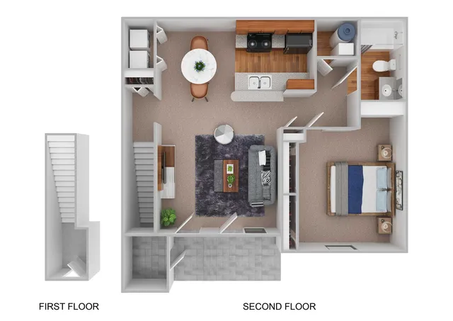 Charming 3D floor plan displaying a second-floor layout with a cozy bedroom, inviting living area, modern kitchen, and stylish dining space.