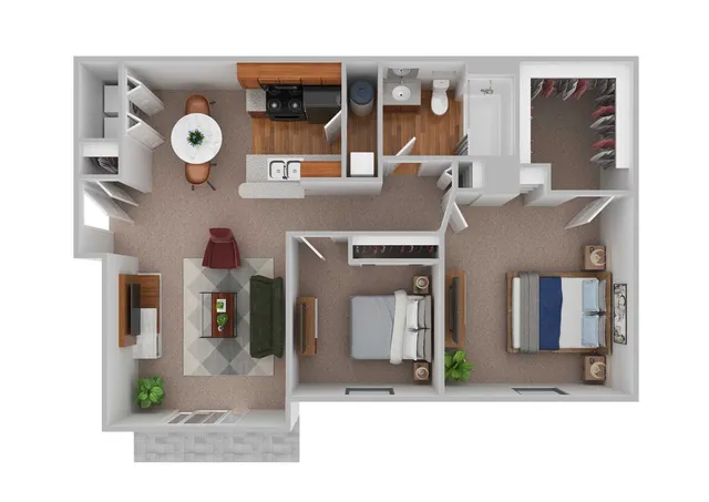 Modern floor plan showcasing a bright 2-bedroom apartment with a spacious open living area, stylish kitchen, and elegant bathroom design.