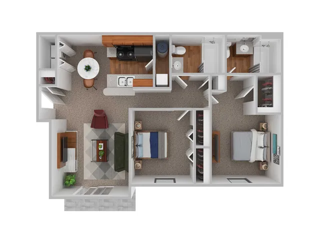 Inviting 3D apartment floor plan showcasing two cozy bedrooms, a stylish open living area, modern kitchen with dining space, and two elegant bathrooms.