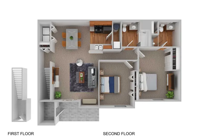 Charming 3D floor plan showcasing a two-story apartment with an open-concept living area, elegant dining space, and a cozy kitchen on the first floor, with two spacious bedrooms and modern bathrooms on the second floor.