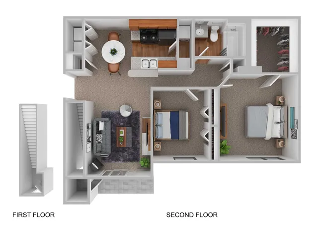 Modern two-story apartment floor plan featuring an open-concept living room, dining area, and kitchen on the first floor, with two cozy bedrooms and a bathroom on the second floor.