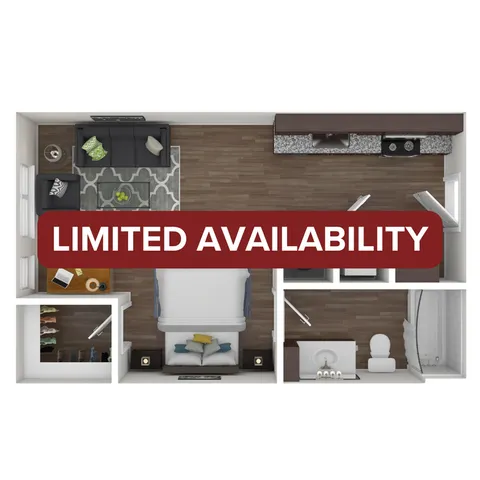 Chic 3D floor plan highlighting a cozy living area, sleek kitchen, and inviting bedroom with a workspace nook. Limited availability accentuates this modern apartment\'s charm.