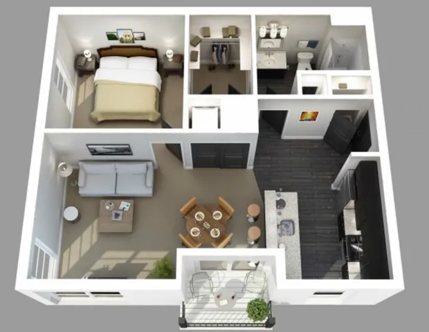 Modern floor plan showcasing a spacious 1-bedroom apartment with an open-concept living room and kitchen, elegant dining area, and private balcony.