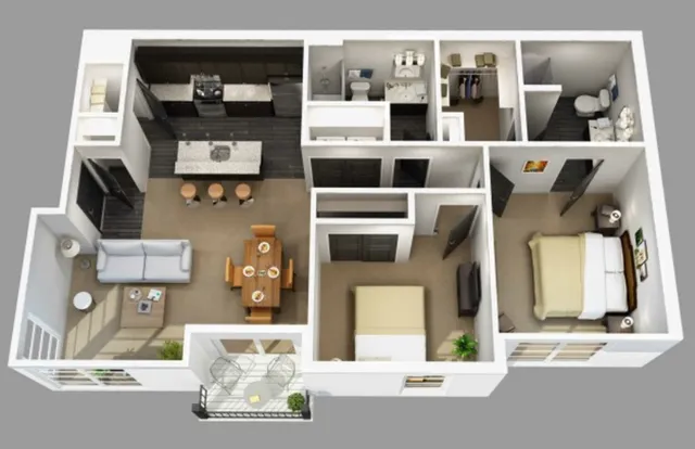 Modern 3D apartment floor plan showcasing two bedrooms, an open-concept kitchen, and cozy living area with a balcony.