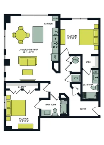 Modern 2-bedroom apartment floor plan featuring an open-concept living and dining area, spacious kitchen, and two bathrooms for ultimate convenience.