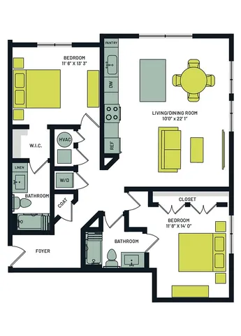 Modern apartment floor plan featuring 2 spacious bedrooms, an open living and dining area, and a well-appointed kitchen.