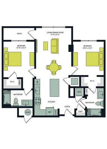 Contemporary apartment floor plan featuring 2 spacious bedrooms, an open living/dining area, modern kitchen, and private patio.