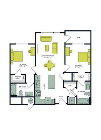 Elegant floor plan featuring two spacious bedrooms, open-concept living and dining area, modern kitchen, dual walk-in closets, and a cozy deck, perfect for comfortable living.