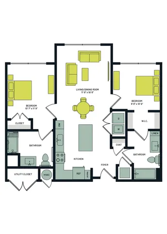 Modern 2D floor plan featuring 2 bedrooms, a spacious living/dining area, and a sleek kitchen, designed for comfort and style.