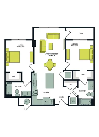 Modern 2-bedroom apartment floor plan with open living/dining area, gourmet kitchen, and outdoor patio.