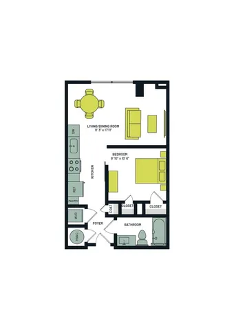 Stylish apartment floor plan showcasing an open living/dining room, spacious bedroom, modern kitchen, and bathroom with ample closets.