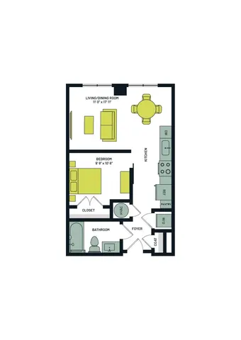 Contemporary floor plan featuring 1 bedroom, spacious living/dining area, modern kitchen, and well-appointed bathroom.