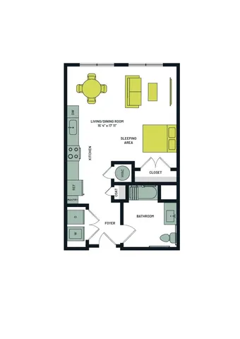 Chic apartment floor plan featuring a combined living and dining area, a spacious kitchen with modern amenities, a cozy sleeping area, and a well-designed bathroom.