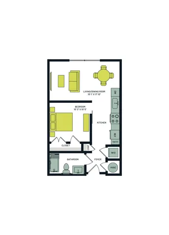 Contemporary 1-bedroom apartment floor plan with open living and dining area, modern kitchen, and convenient in-unit laundry.
