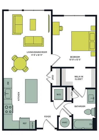 Modern floor plan featuring a spacious bedroom with walk-in closet, open living and dining area, stylish kitchen, and convenient washer/dryer setup. Ideal for contemporary living.