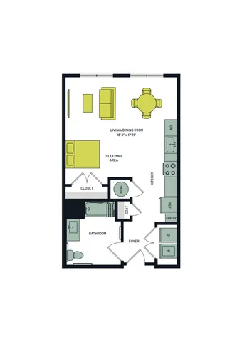 Modern floor plan showcasing open-concept living and dining room, cozy sleeping area, and efficient kitchen layout.