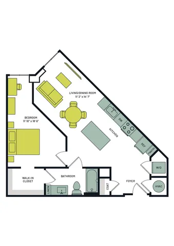 Modern floor plan highlighting a spacious one-bedroom apartment with an open kitchen, inviting living/dining area, and convenient walk-in closet.
