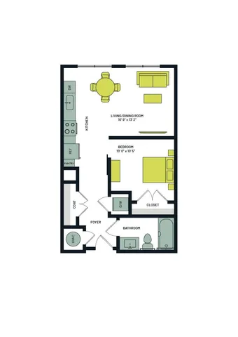 Modern floor plan showcasing 1 bedroom with closet, open-concept living and dining area, and efficiently designed kitchen, ideal for contemporary living.