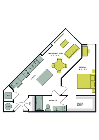Modern 1-bedroom apartment floor plan featuring an efficient kitchen, open living/dining room, and spacious walk-in closet.