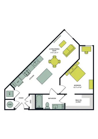 Modern floor plan with spacious bedroom, open living/dining area, well-equipped kitchen, and walk-in closet.