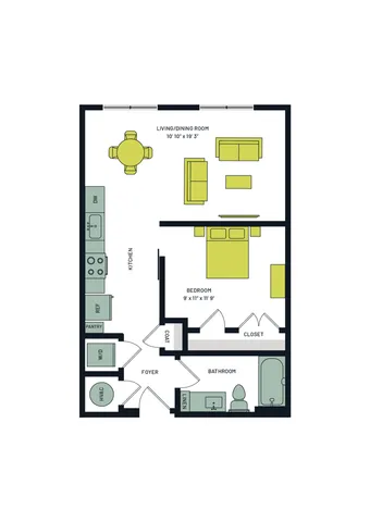 Modern floor plan featuring a spacious 1-bedroom apartment with an open living/dining area, efficient kitchen layout, and convenient in-unit laundry.