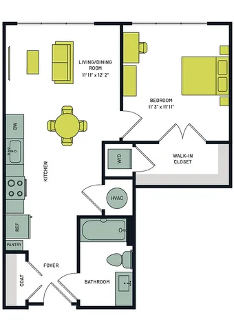 Modern floor plan showcasing 1 bedroom with walk-in closet, spacious living/dining area, and a well-equipped kitchen.