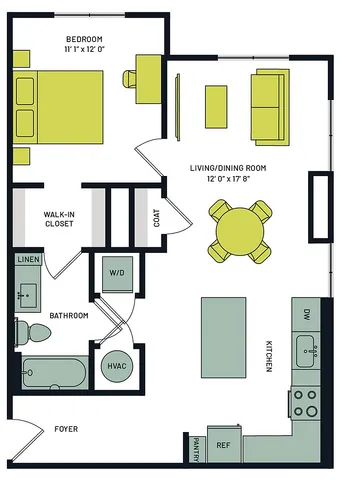 Modern open-concept floor plan highlighting 1 bedroom with walk-in closet, spacious living and dining area, and a fully-equipped kitchen.