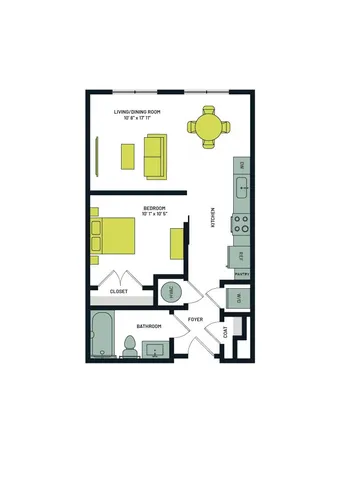 Charming floor plan showcasing a 1-bedroom apartment with an open-concept living and dining area, modern kitchen, and cozy bathroom.