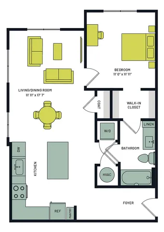 Modern 1-bedroom floor plan featuring a spacious living and dining area, well-equipped kitchen, walk-in closet, and convenient laundry space.