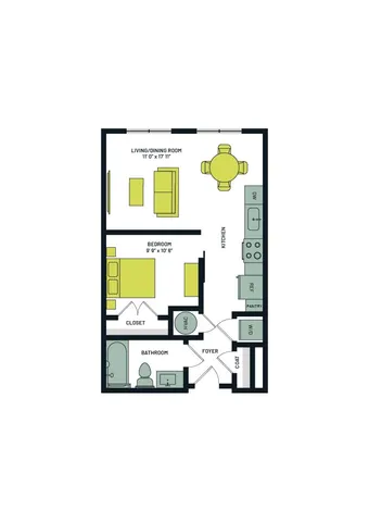 Contemporary one-bedroom apartment floor plan featuring an open living/dining area, modern kitchen with pantry, and cozy bedroom with ample closet space.