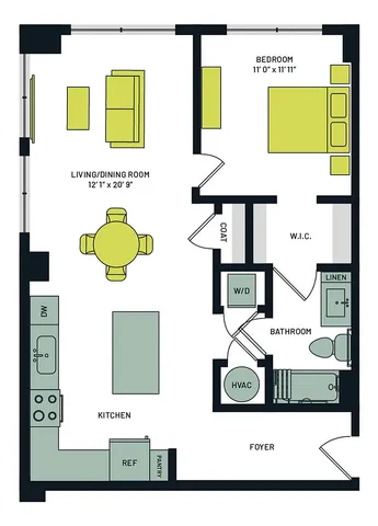 Modern floor plan featuring a spacious bedroom with walk-in closet, open living and dining area, sleek kitchen, and convenient bathroom. Perfect for contemporary living.