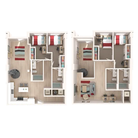 Modern 3D floor plan with two levels, featuring four bedrooms, open living areas, and integrated amenities.