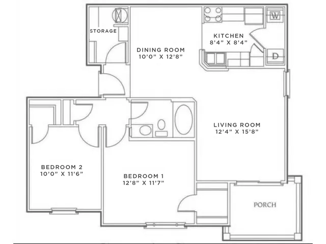 Inviting floor plan showcasing 2 bedrooms, a spacious living room, modern kitchen, and dining area with convenient storage, perfect for cozy living.