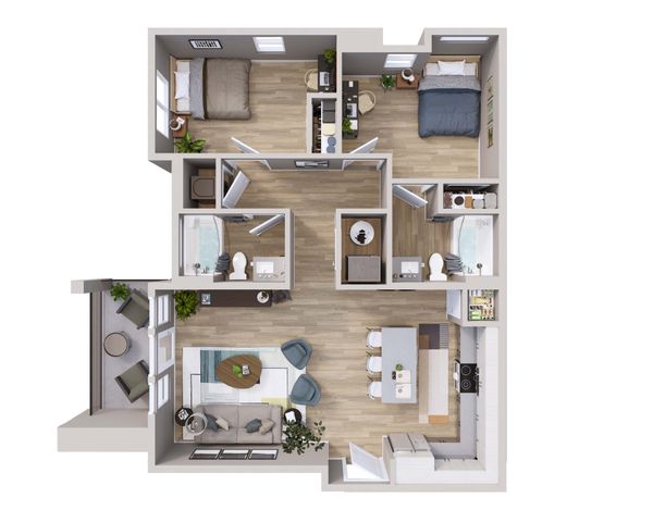 Modern 3D floor plan showcasing 2 spacious bedrooms, open-concept living and dining area, sleek kitchen, 2 bathrooms, and a cozy balcony.