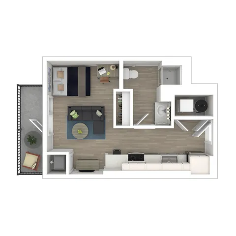 Modern 1-bedroom apartment floor plan featuring an open living area, sleek kitchen, and private balcony.
