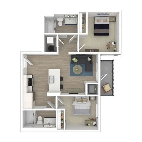 Modern floor plan showcasing 2 spacious bedrooms, an elegant open-concept living and kitchen area, and private patio access.