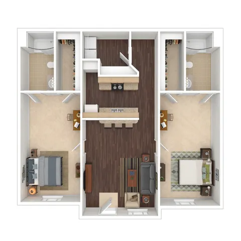 Modern 2D floor plan showcasing 2 spacious bedrooms, elegant living area, open-concept kitchen with breakfast bar, and 2 bathrooms for luxury living.