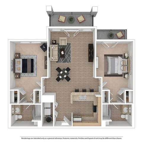 Spacious 2-bedroom apartment floor plan featuring an open-concept kitchen and living area, stylish dining space, and private balconies.