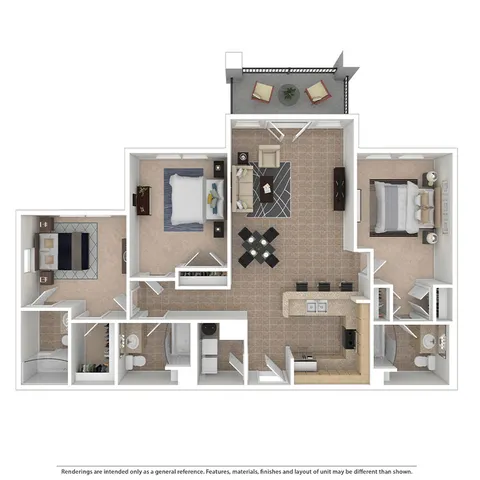 Modern 2D floor plan with two spacious bedrooms, open-plan kitchen with island, cozy living area, and charming balcony.