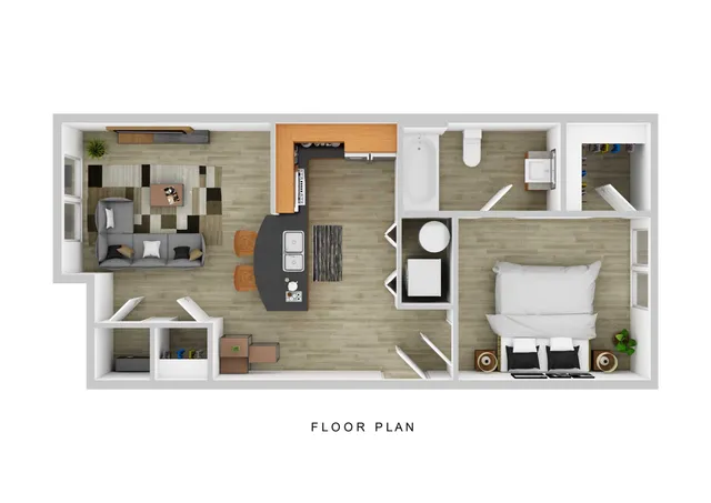 Modern floor plan showcasing a stylish one-bedroom apartment with an open living area, chic kitchen with island seating, and a spacious bathroom.