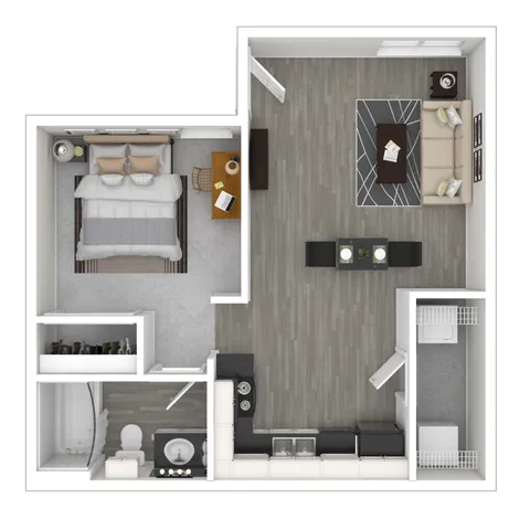 Modern 1-bedroom apartment floor plan featuring an open living area, well-equipped kitchen, and stylish bathroom, perfect for comfortable living.