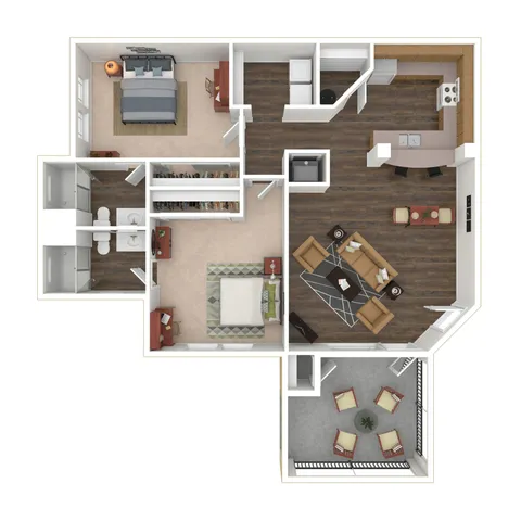 Modern 2D floor plan showcasing a spacious 2-bedroom apartment with an open living area, stylish kitchen, and a cozy balcony.
