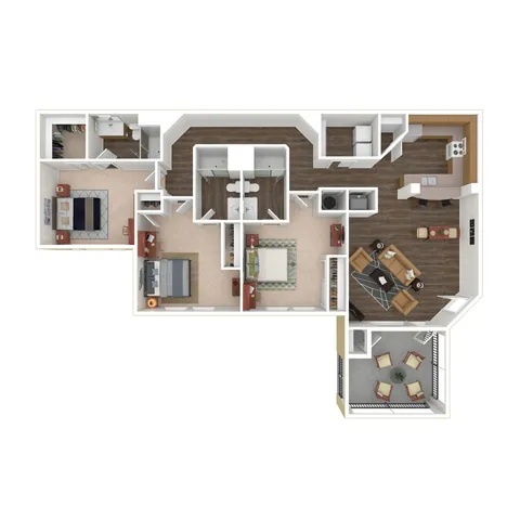 Modern apartment floor plan with two elegant bedrooms, spacious open-concept living and dining area, stylish kitchen, and inviting balcony.