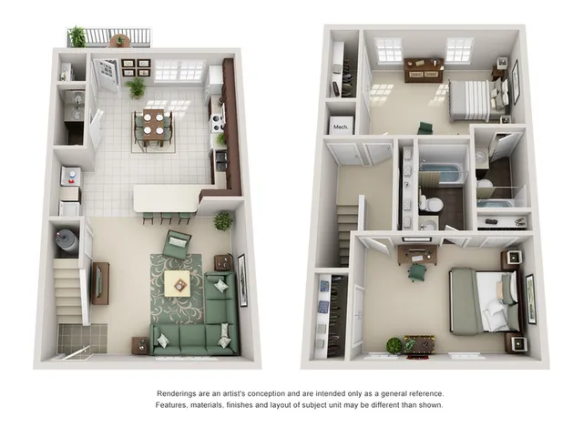 Contemporary 2-story floor plan with a cozy living room, modern kitchen with breakfast bar, dining area, and two spacious bedrooms.