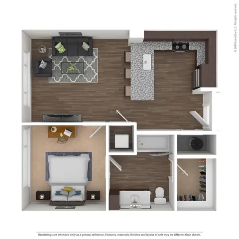 Modern 1-bedroom apartment floor plan with open-concept living area and stylish kitchen island.