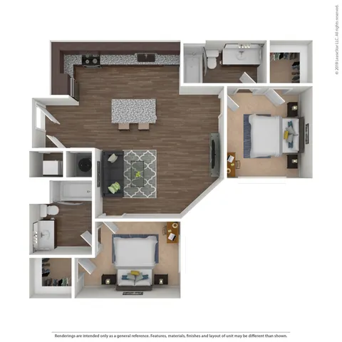 Modern 3D floor plan showcasing two spacious bedrooms, an open-concept living area, and a sleek kitchen with an island.