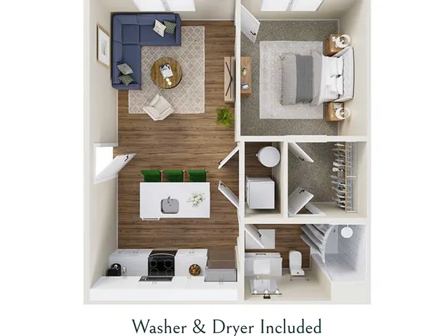 Modern 1-bedroom apartment floor plan with open living area, stylish kitchen, and convenient in-unit washer and dryer.