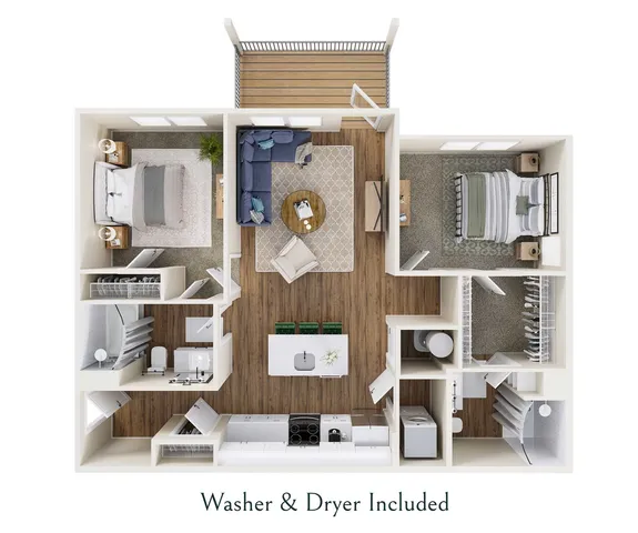 Charming 2-bedroom apartment floor plan with an open living area, modern kitchen, and private balcony. Washer and dryer included.