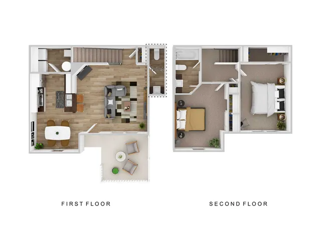 Modern two-story floor plan with an inviting first-floor open-concept living area, sleek kitchen, and cozy dining space, leading to the two elegant bedrooms and bathrooms on the second floor.