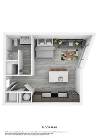 Elegant 3D floor plan featuring a studio layout with a bedroom area, open-concept kitchen, and cozy living space.